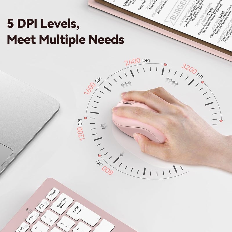 TECKNET Wireless Mouse for Laptop, 2.4G Silent Computer Mouse Quiet Click with 5 DPI Levels,Contoured Grip,Small Portable 30 Months Battery Cordless Mice for PC, Chromebook, Mac - Pink - Image 4